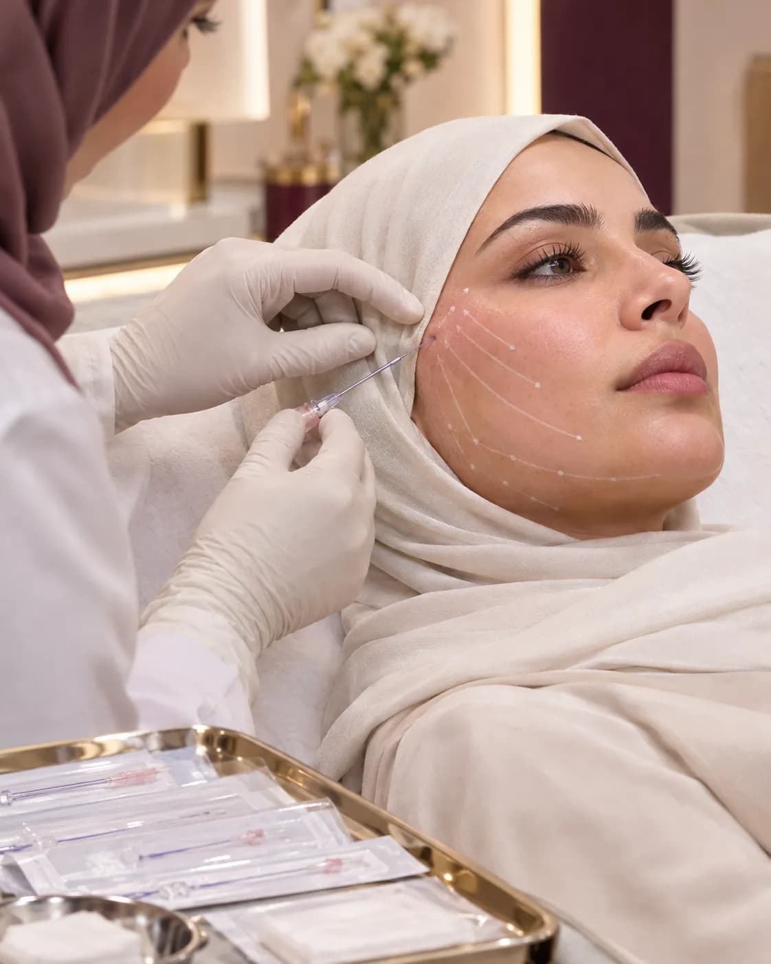 تخطيط مسارات الخيوط التجميلية على الوجه